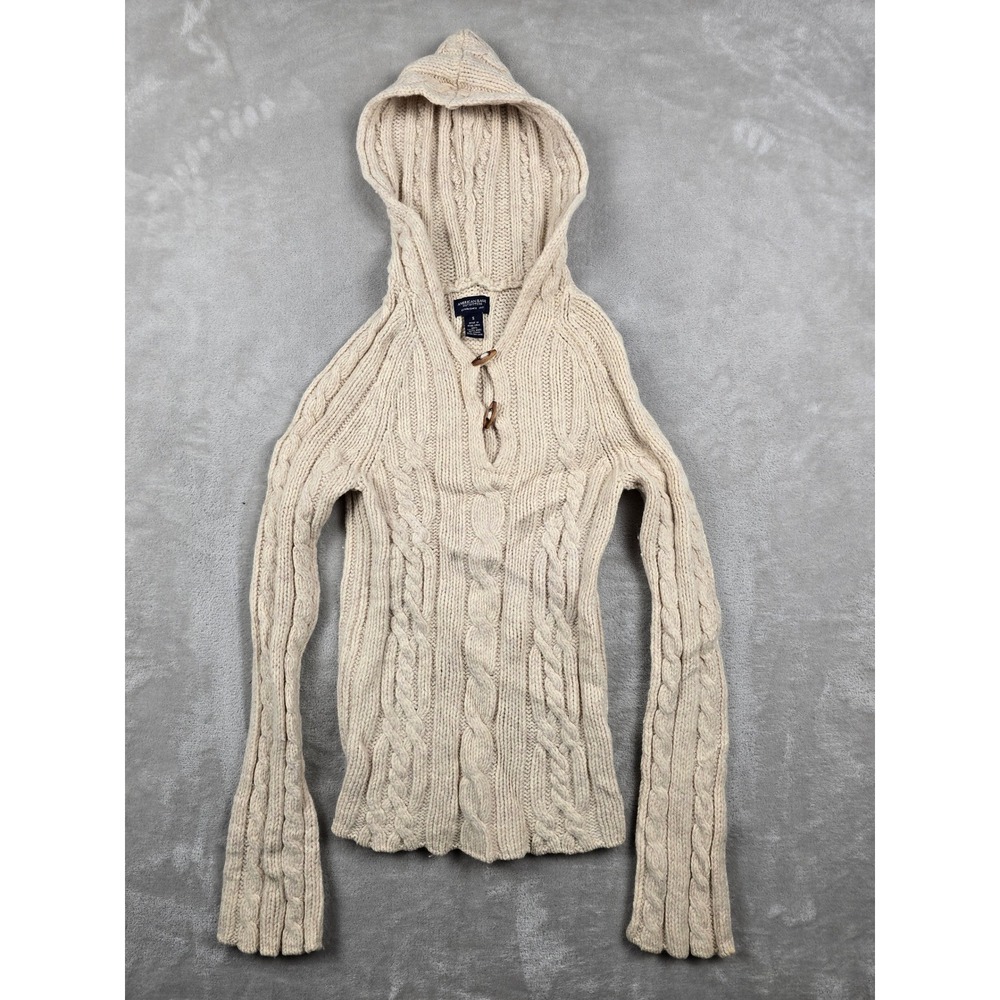 Vtg American Eagle Hoodie Sweater Juniors S Cable Knit Lambs Wool Baby Doll Y2K